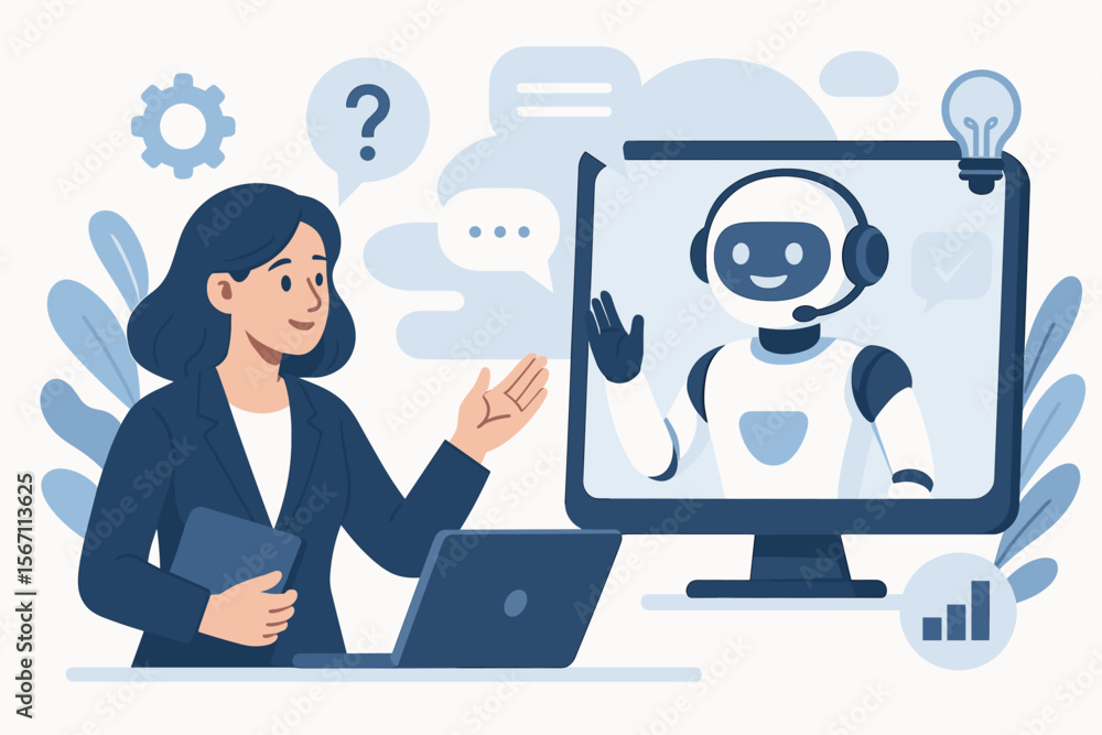 Poster ai technology concept with a chatbot assistant communicating with a business woman. artificial intel
