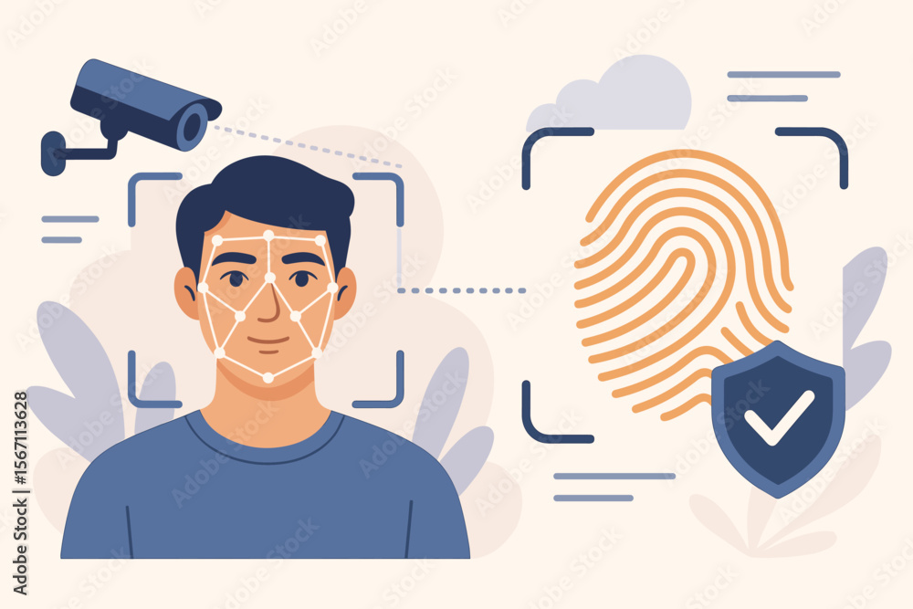 Poster biometric technology concept. face recognition and fingerprint scan for security access. facial iden