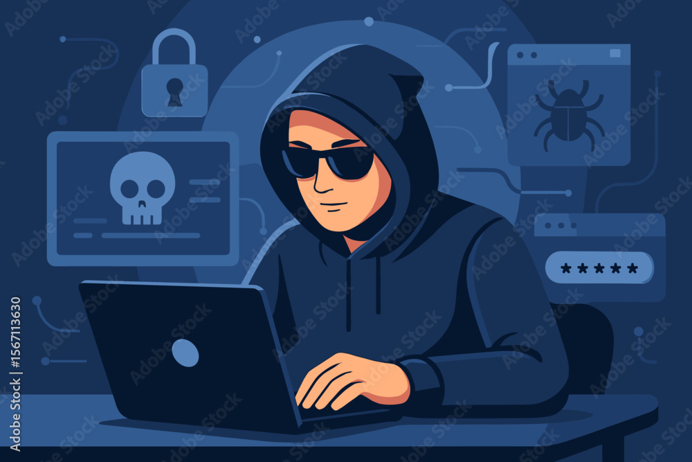 Poster hacker with laptop concept. cybercrime, cybersecurity threat. anonymous man in hoodie stealing data.