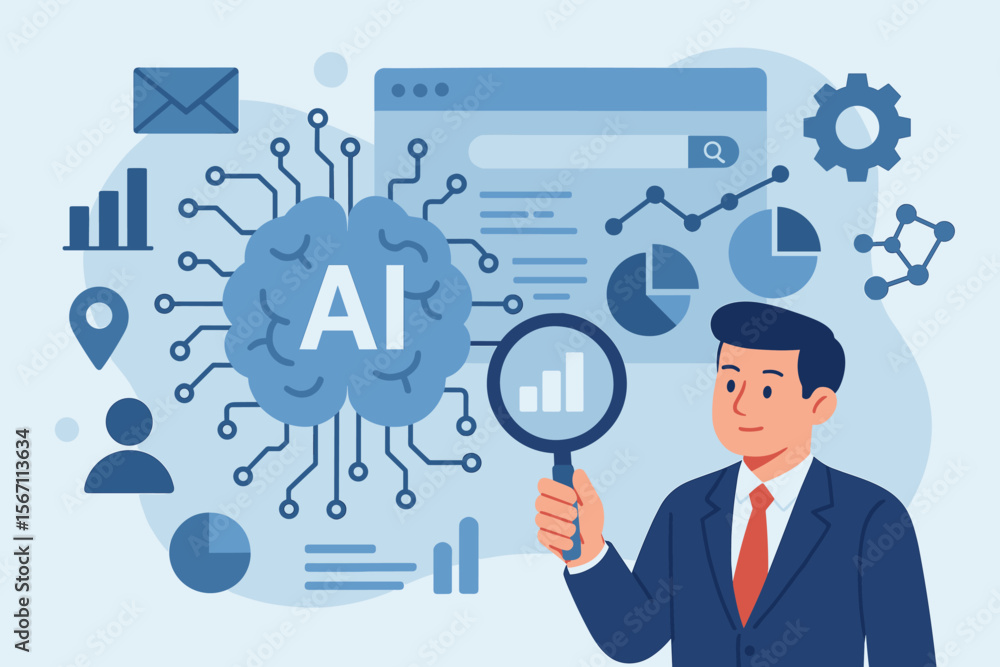Poster artificial intelligence in ai marketing. businessman uses smart software and ai technology to search