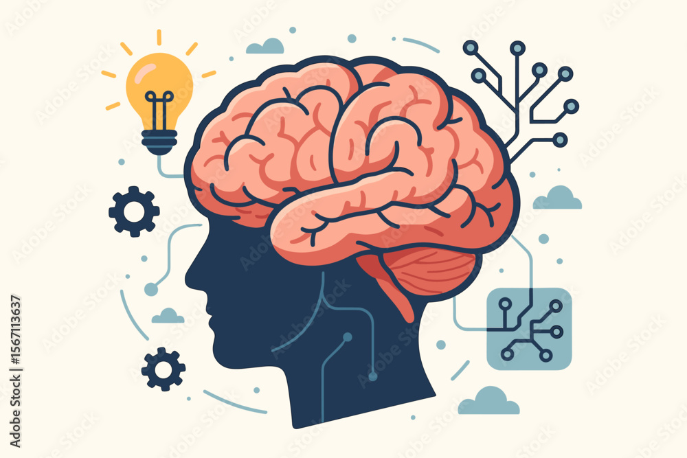 Poster brain nervous system concept. idea thinking processes and psychology. human brain and deep learning.