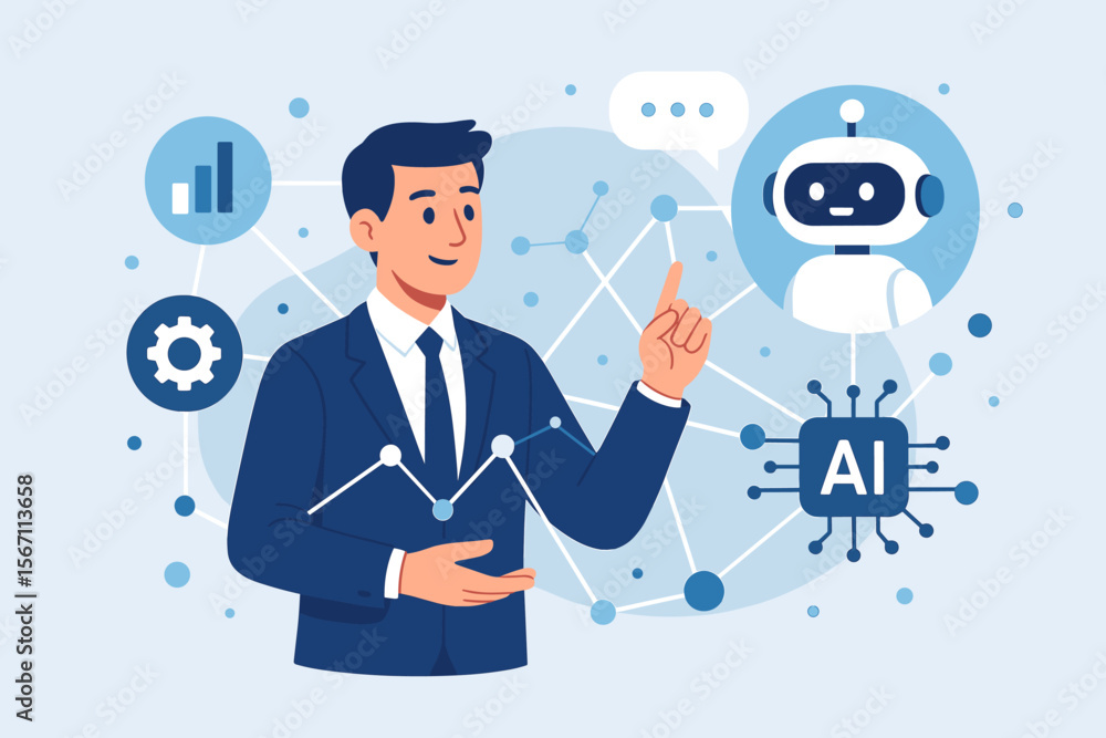 Poster businessman communicates with ai chatbot for data analysis. artificial intelligence concept with con