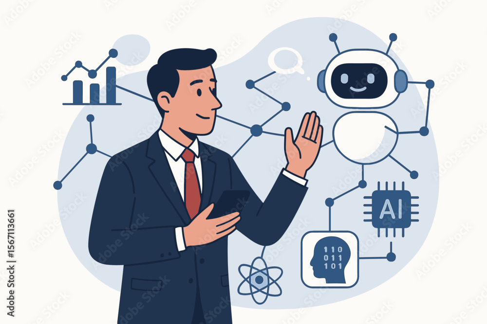 Poster businessman interacts with an ai chatbot on a network for smart data analysis. artificial intelligen
