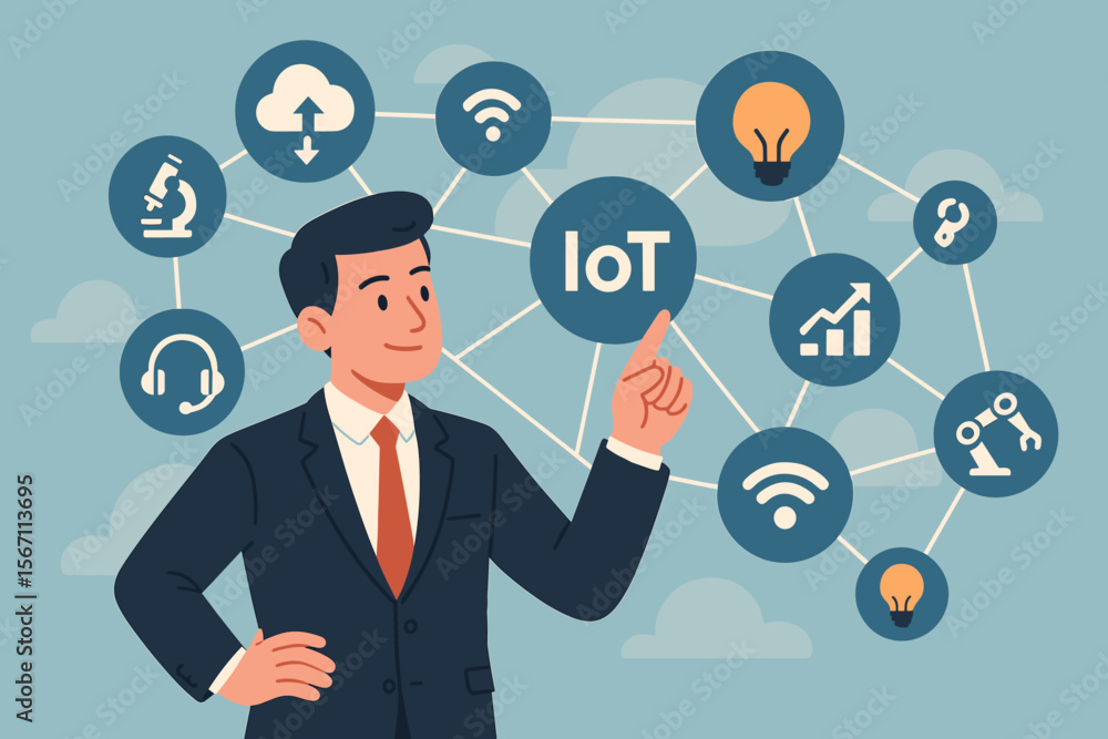 Poster businessman touching an iot interface. internet of things technology concept. virtual network connec