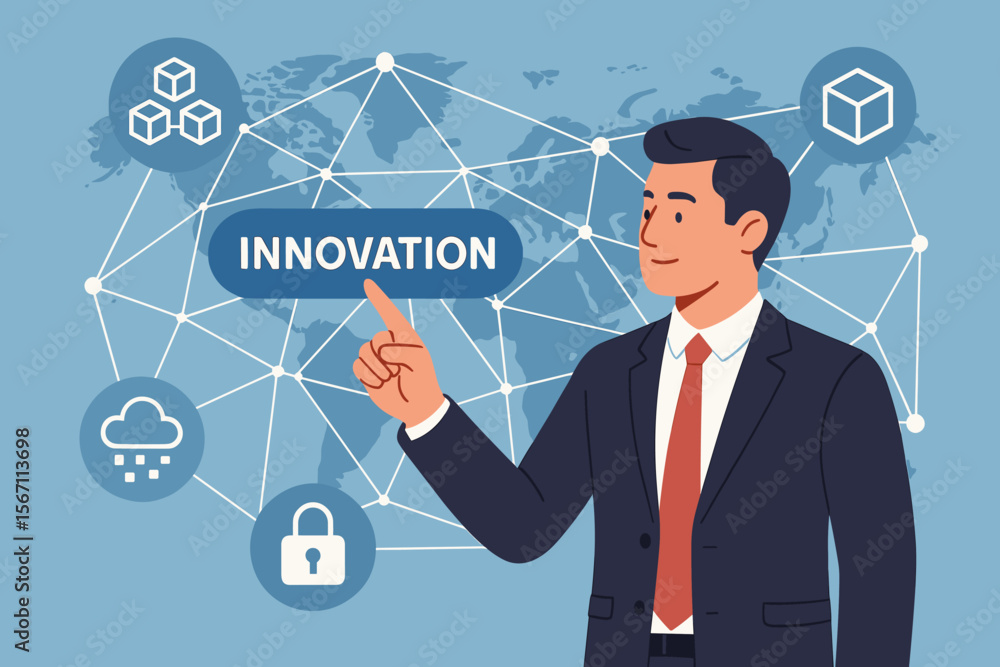 Aufkleber businessman pointing to innovation. global business network connection. concept of blockchain techno