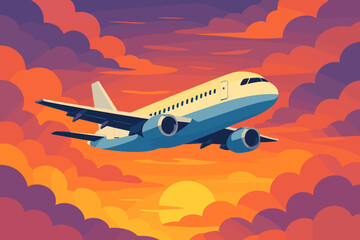 Airplane flying in sky with colorful clouds at sunset. Vector cartoon illustration. Air travel concept for tourism, vacation, and journey. Commercial flight and transportation.