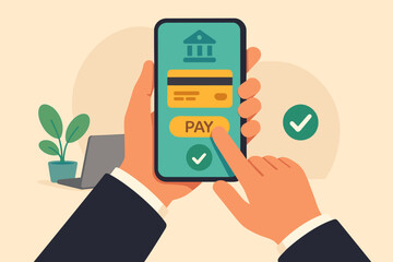 Businessman completing successful online payment on smartphone. Mobile banking app with credit card for secure transaction. E-commerce, fintech, digital wallet vector concept.