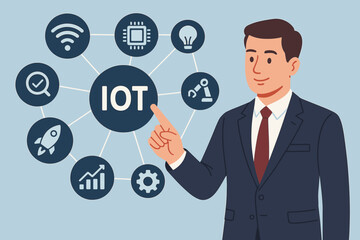 Businessman presenting IOT Internet of Things technology. Man touching a virtual screen with a network icon diagram. Automation, data, innovation, industry, smart business solution concept.