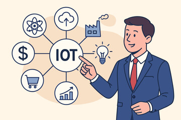 IOT Internet of Things technology concept. Businessman presents a network of icons. Smart industry 4.0, business growth, cloud data, finance, science. Vector cartoon infographic.