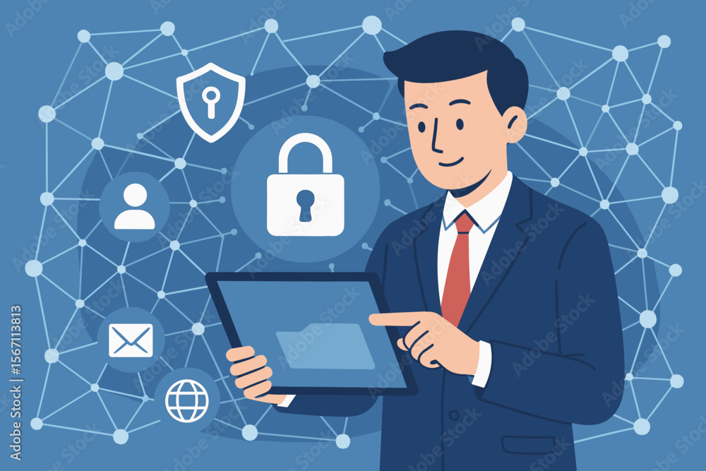 Poster cyber security network. businessman protecting data and personal information on a tablet. padlock ic