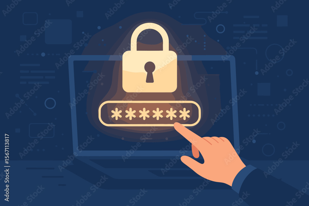 Poster cybersecurity concept. hand pointing at password login on a laptop. data protection, internet privac