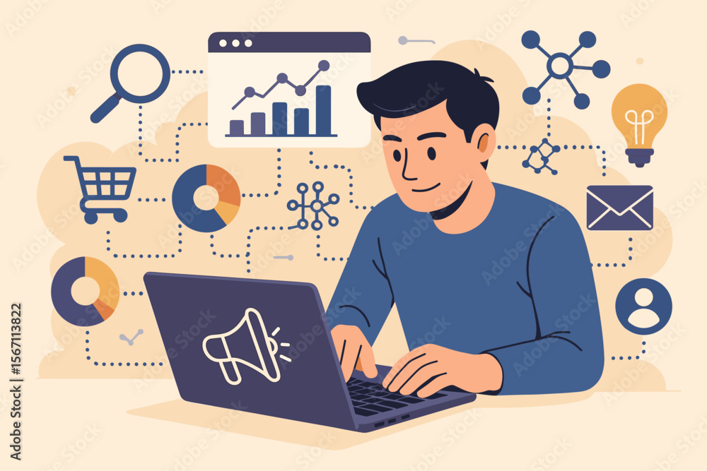 Aufkleber digital marketing concept. man at laptop analyzing data. business strategy, data networking, algorit