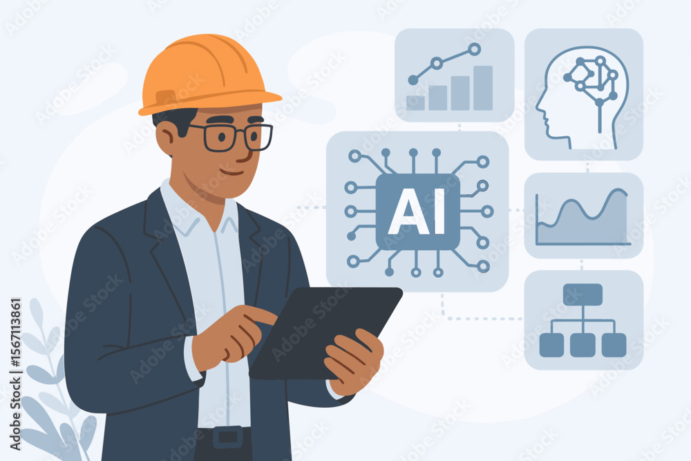 Poster engineer manager with tablet using ai for data analysis. industrial automation and control system. s