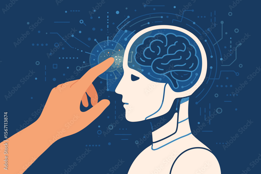 Poster artificial intelligence, future technology concept. human hand touching an android head with a digit