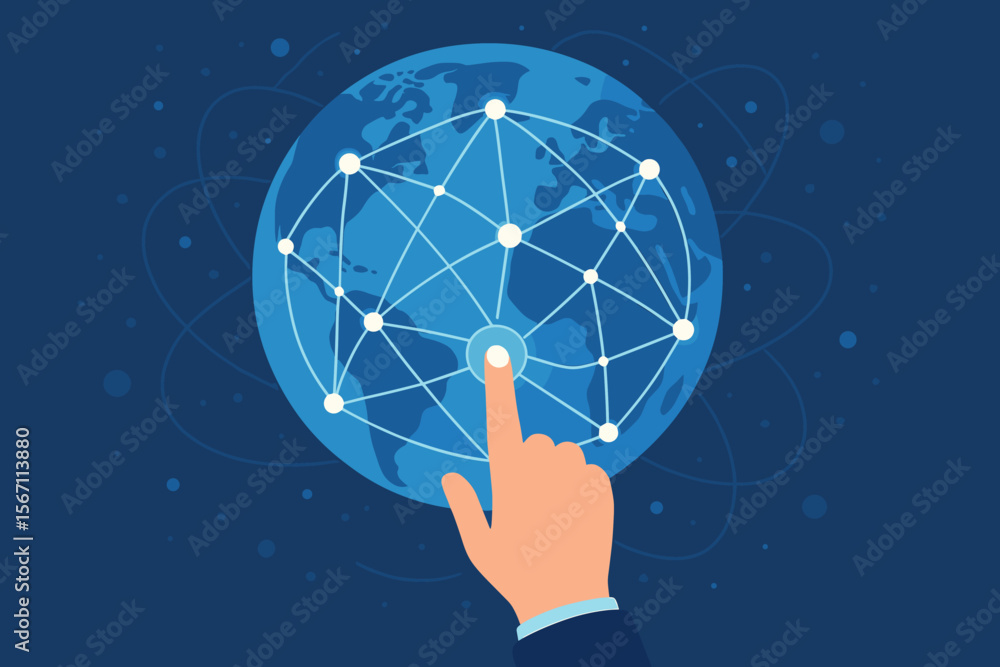 Poster hand touching global network on data connection. science, big data, internet technology concept. bus