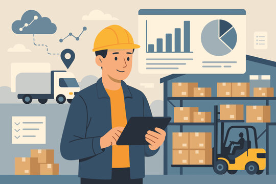 Warehouse management system concept. Engineer with tablet managing inventory and supply chain. Smart logistics, data analytics dashboard, cargo shipping, and global distribution.