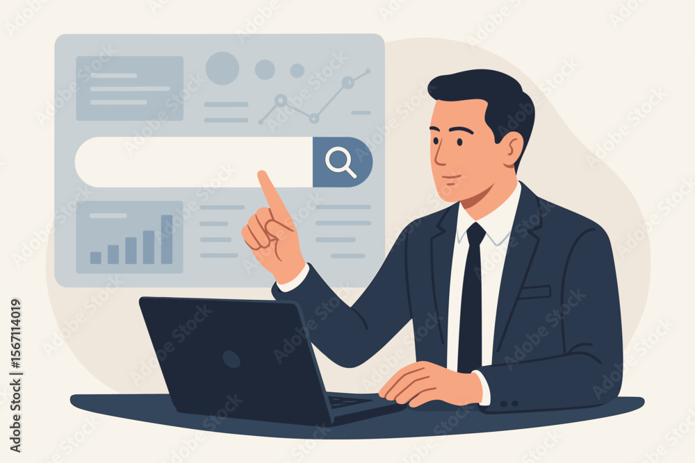 Poster businessman using ai assistant for data search and analysis, virtual screen interface, search engine