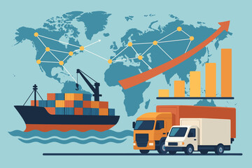 Global Logistics and Transportation Network Growth. Container Cargo Ship, Freight Trucks, Supply Chain Distribution, Shipping, Delivery, Export, Import, International Trade, Modern Vector Illustration