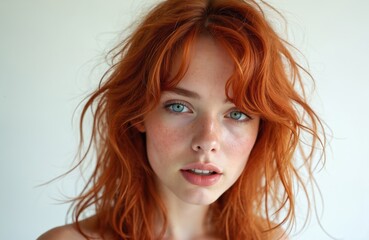 Naklejka premium Sensual portrait of young woman with red hair. Beautiful female with vivid makeup and tousled curly hair. Attractive lady with blue green eyes looking at camera in studio.