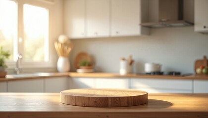 Elegant wooden table podium product presentation. Blurred modern kitchen background, illuminated sunlight. Premium product shooting scene for home decor, cooking, cosy inviting themes.