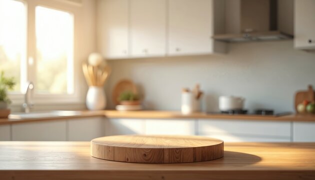 Elegant wooden table podium product presentation. Blurred modern kitchen background, illuminated sunlight. Premium product shooting scene for home decor, cooking, cosy inviting themes.