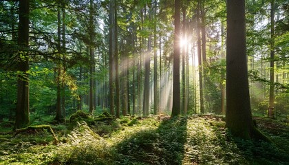Obraz premium breathtaking sunlight shining through tall trees in the forest illuminating greenery in natural beauty
