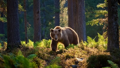Obraz premium majestic brown bear strides confidently through sun dappled forest its fur aglow in soft light towering conifers lush ferns surround bear creating tranquil yet wild habitat