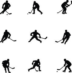 Obraz premium Nine hockey player silhouettes action poses ice hockey club logo