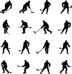 Twelve hockey player silhouettes action poses puck stick