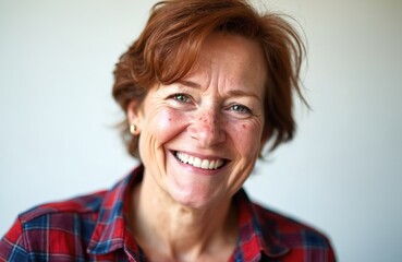 Fototapeta premium Portrait of happy middle-aged woman smiling at camera. Mature female with short red hair, freckles, wearing plaid shirt. Confident joyful expression, positive attitude, good mood. Front head shot,