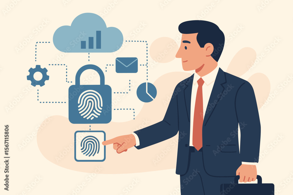 Poster cybersecurity concept with businessman using fingerprint scan. biometric authentication to unlock an