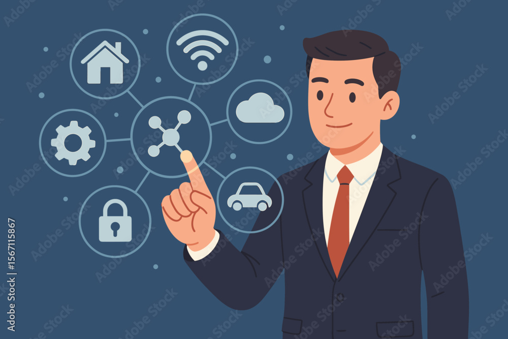 Poster businessman showing iot virtual screen interface. internet of things technology concept with icons. 