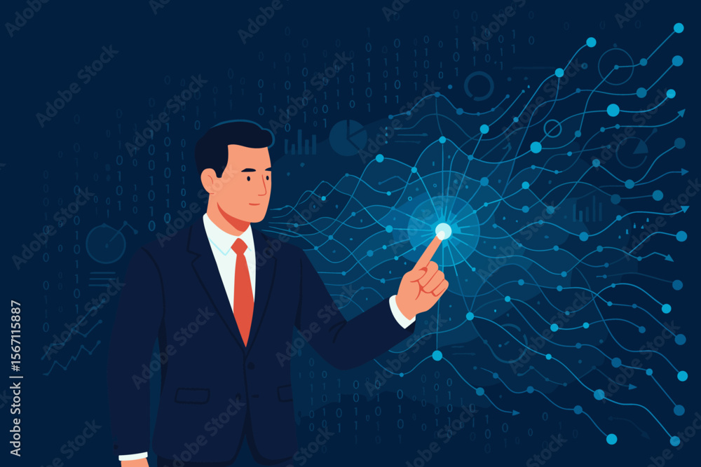 Poster businessman touching a glowing node on a big data visualization interface. digital transformation, d