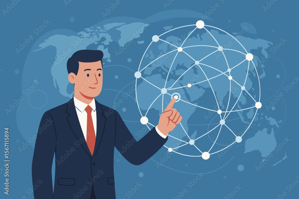 Poster businessman touching a global network connection on a virtual interface. international business comm