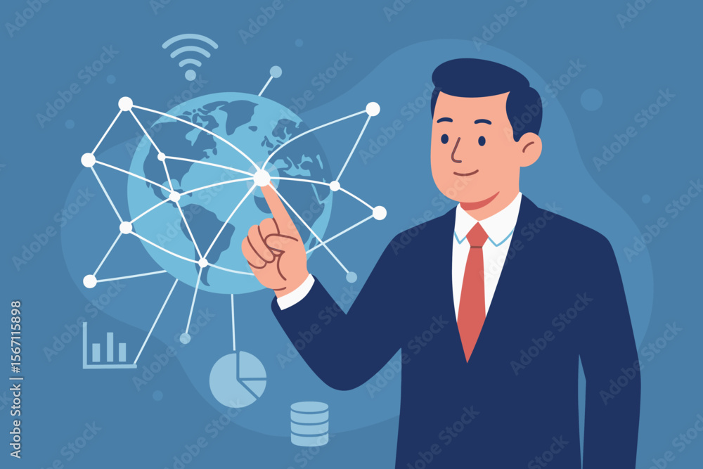 Poster businessman touching a global network connection and data exchange on a virtual world map. technolog