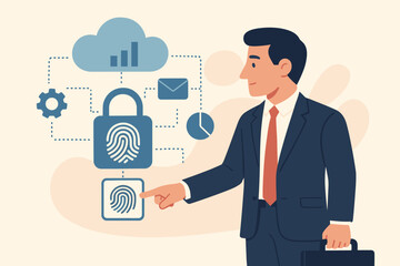 Cybersecurity concept with businessman using fingerprint scan. Biometric authentication to unlock and access business data network on the cloud. Modern flat vector illustration.