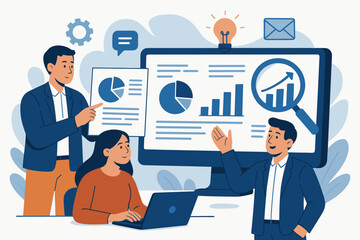 Business team collaboration for data analysis and digital marketing strategy. People in meeting analyzing statistics, charts and graphs on screen. Corporate growth concept illustration.