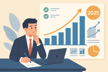 Businessman analyzes financial data for 2025. Analyst calculates company profitability and plans long-term investment strategy with growth charts. Business success and forecast concept.