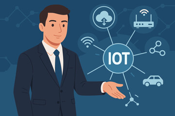 Internet of Things IoT technology concept. Businessman showing a virtual screen interface with a network diagram. Icons for cloud computing, smart car, and wireless connectivity.
