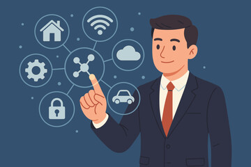 Businessman showing IOT virtual screen interface. Internet of Things technology concept with icons. Intelligent house, smart car, cloud computing, security, and wireless connection.