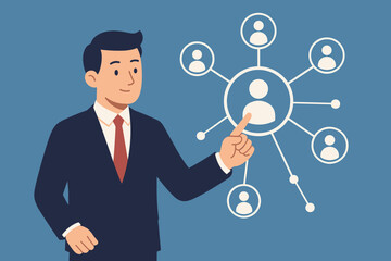 Businessman managing team structure. HR manager pointing at a network of people icons. Human resources, recruitment, and talent acquisition concept. Modern flat vector cartoon illustration.