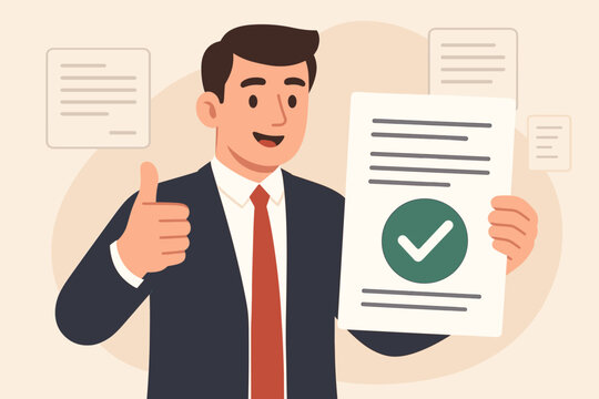 Happy businessman with thumbs up holding an approved contract with a checkmark. Concept of a successful deal, verified document, business project approval and agreement confirmation.