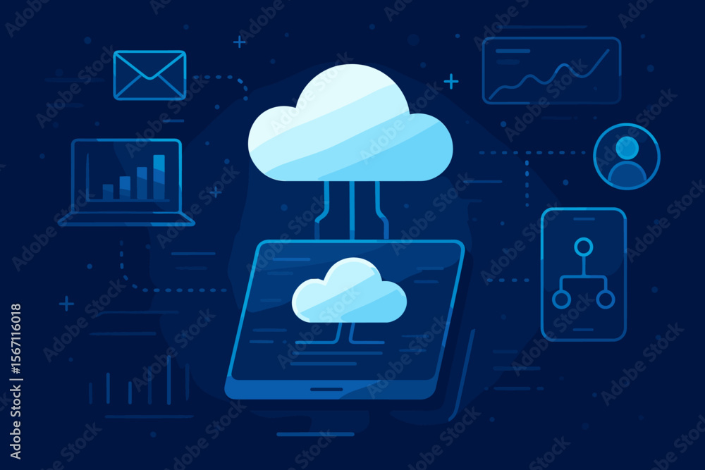Poster futuristic cloud computing concept illustration. digital data storage, network connectivity, secure 
