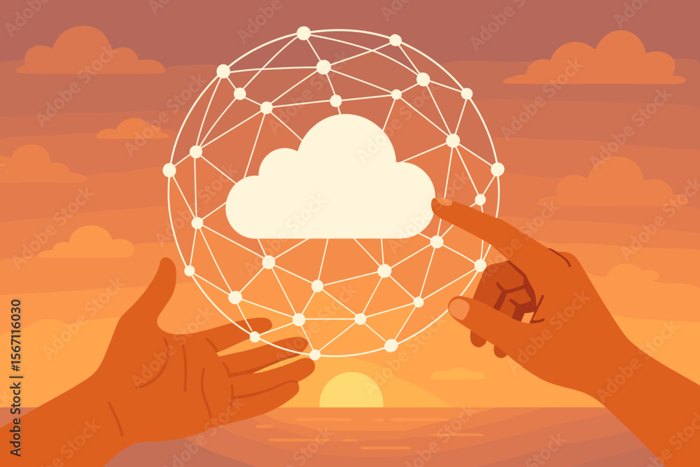 Aufkleber cloud computing network connection concept. hands interacting with digital cloud icon and global net