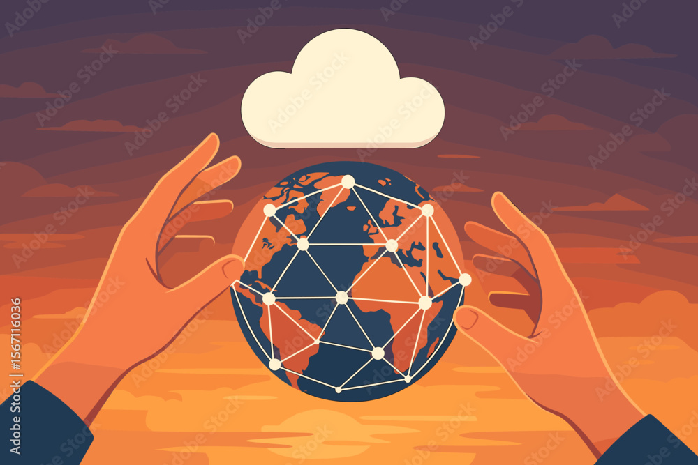 Poster global cloud computing network concept. hands connecting digital world map to cloud icon at sunset. 