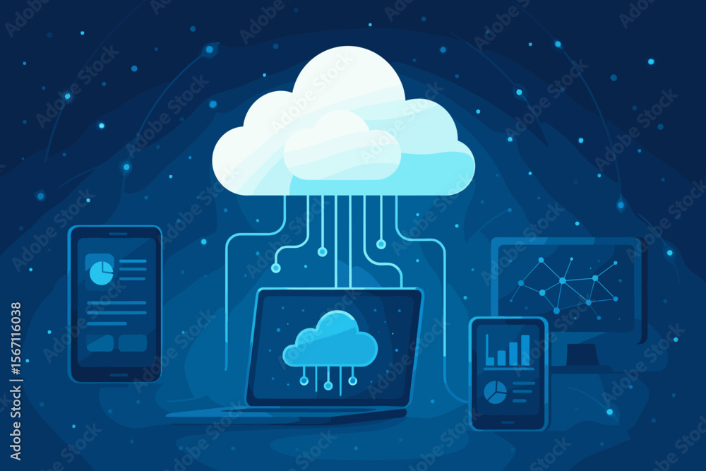 Aufkleber cloud computing technology concept with data synchronization, futuristic digital devices, network co