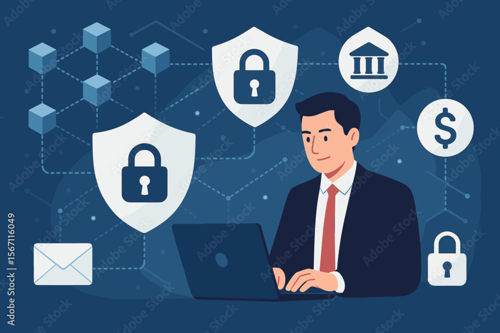 Poster cyber security protection concept. businessman using laptop for encrypted blockchain network, secure