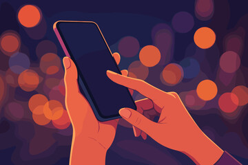 Close up hands holding smartphone night city bokeh. Female using mobile phone illuminated by colorful street lights. Modern flat vector illustration. Urban technology communication concept