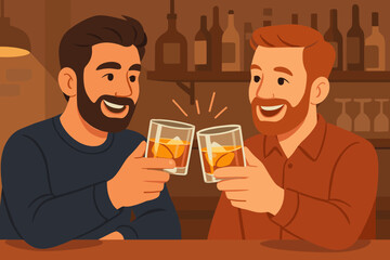 Two men clinking whiskey glasses at bar counter, celebrating friendship, social gathering, cheers, modern flat vector illustration, cozy pub interior, alcohol beverage, nightlife concept