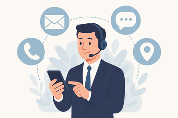 Customer support hotline concept. Businessman using smartphone with headset. Contact us icons: email, phone call, chat message, location. Communication, help desk, service center vector illustration